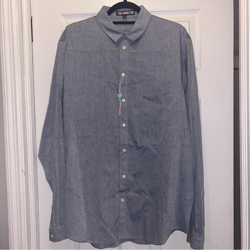 New $295 TIM HAMILTON Light Blue Gray Button Up Cotton Shirt Sz XL Oversize Cut